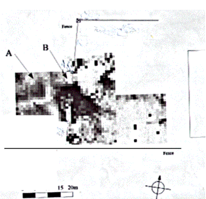 Plot of the resistivity survey of part of the school field and adjacent meadow.  Each square recorded on the plot is where a reading has been taken.  The school building is marked just on the right.